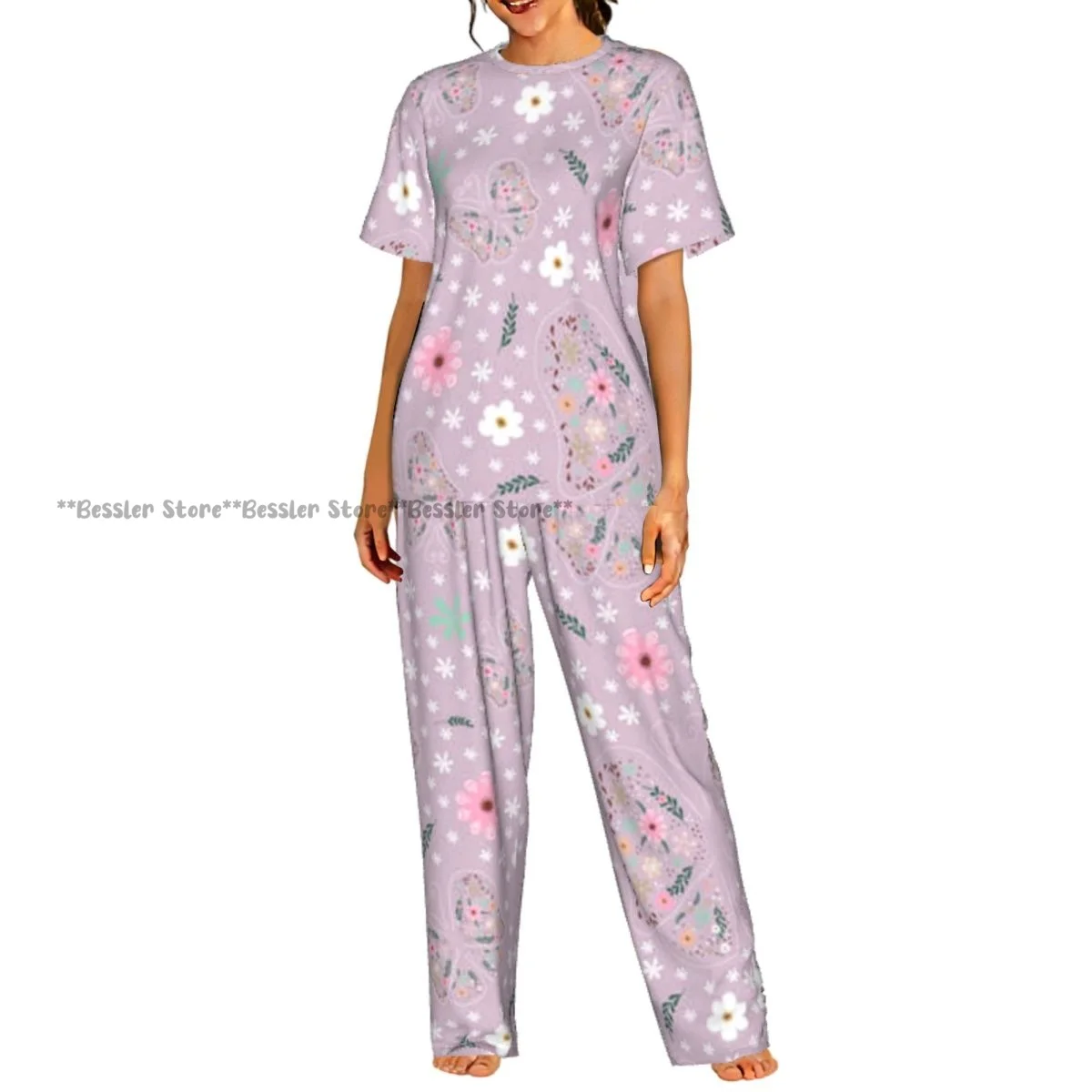 

Women's Pajamas Set Flowers Butterfly Leaves Floral Texture Short Sleeve Sleepwear 2 Piece Homewear Loungewear