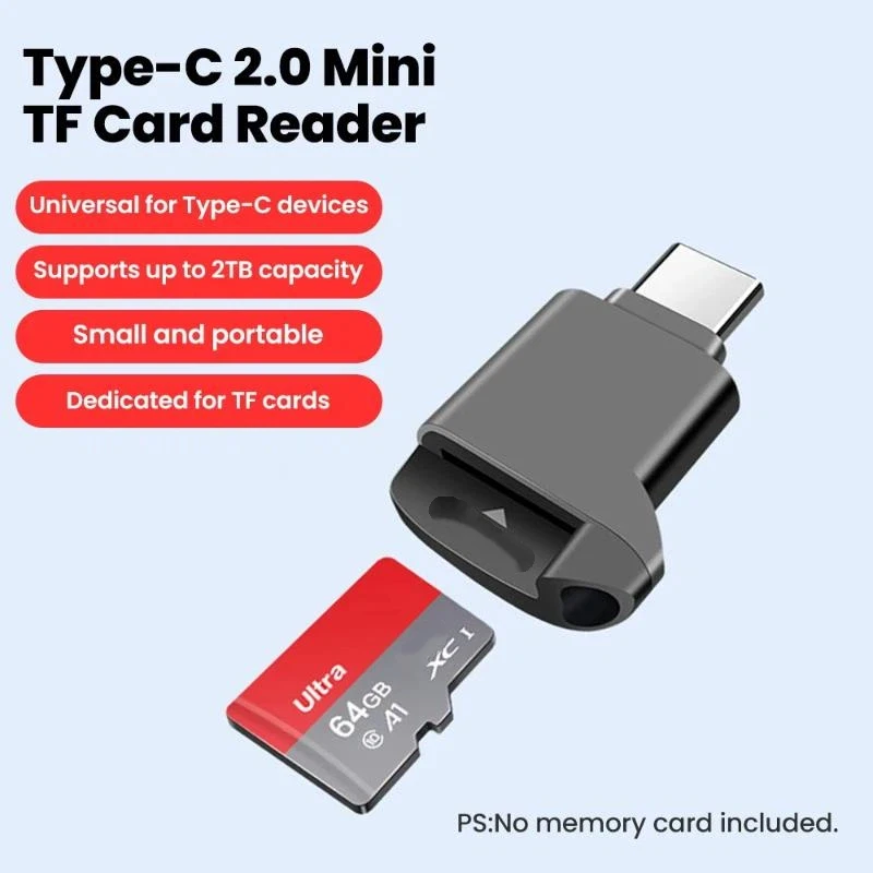 Black Retractable USB-C 2.0 Mini TF Card Reader, Portable External Storage for Type-C Devices