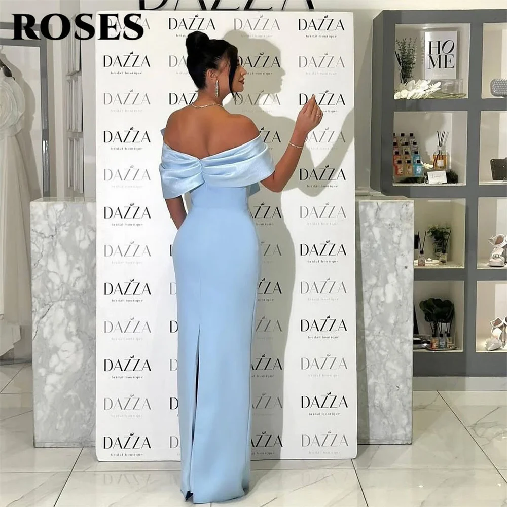 

ROSES Light Blue Party Dress Off Shoulder Evening Dresses with Large Bow فساتين السهرة Satin for Wedding Customized