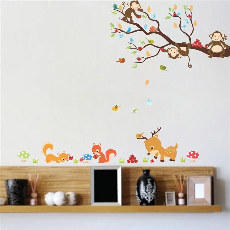 Naughty Monkey On Tree Branch Wall Art Stickers For Home Decoration Diy Cartoon Bird Animals Mural Art PVC Decal Kids Posters