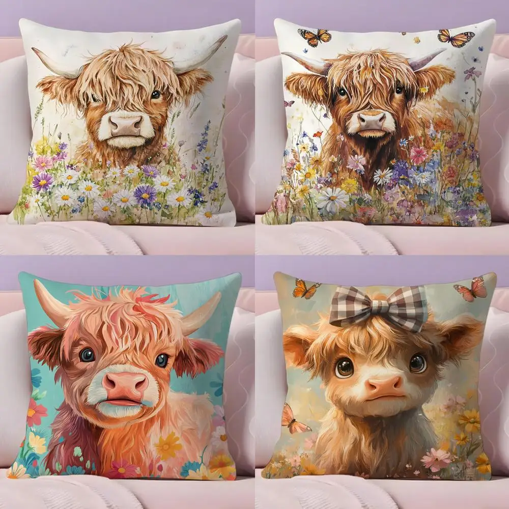 Scottish Highland cow Cushion Cover Natural Linen Organic Fabric Double-Sided Printing Sofa Home Decor Gift Pillow Cover
