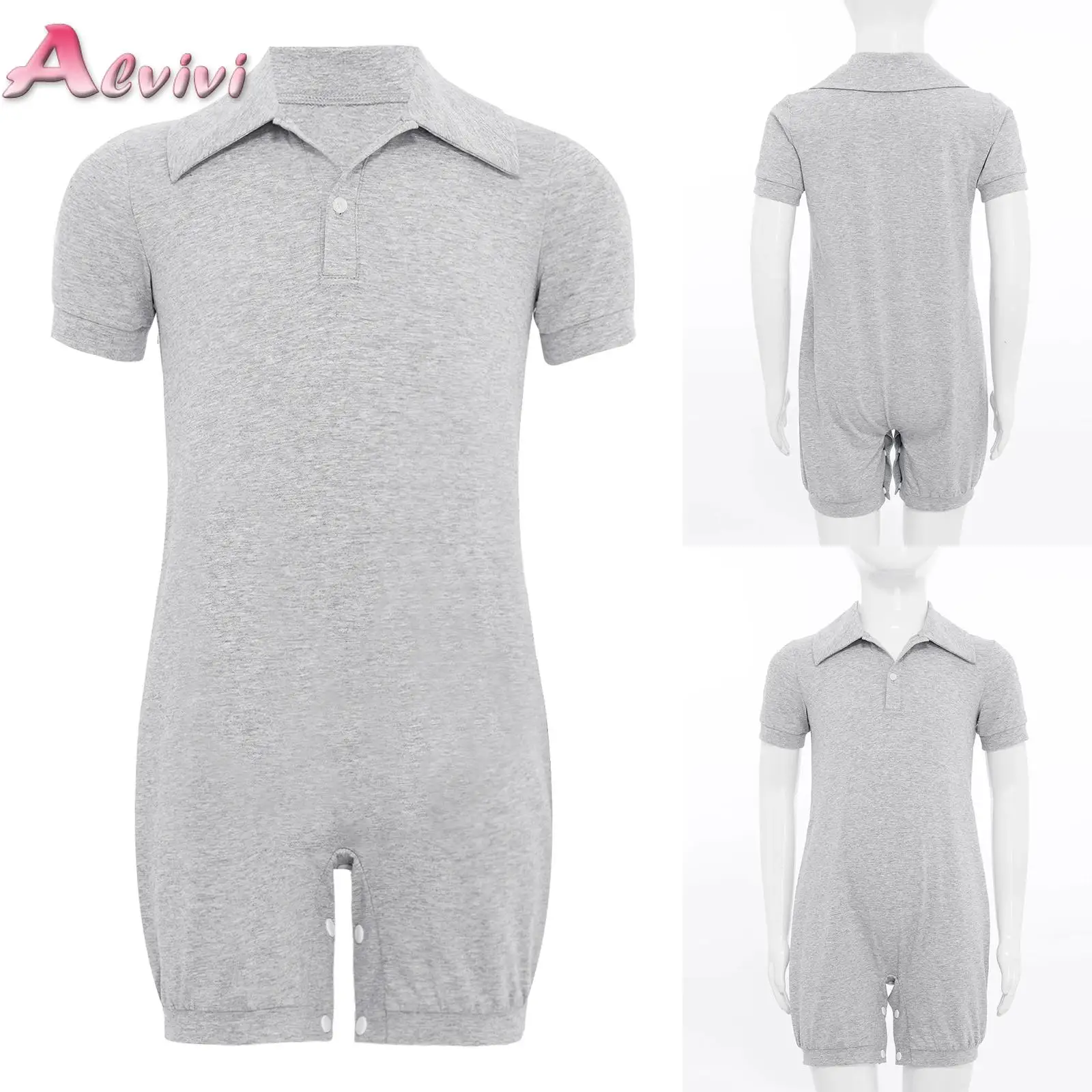 4-16Yrs Kids Boys Girls Special Needs Adaptive Clothing Turn-Down Collar Short Sleeve Press Buttons Crotch Solid Color Jumpsuit