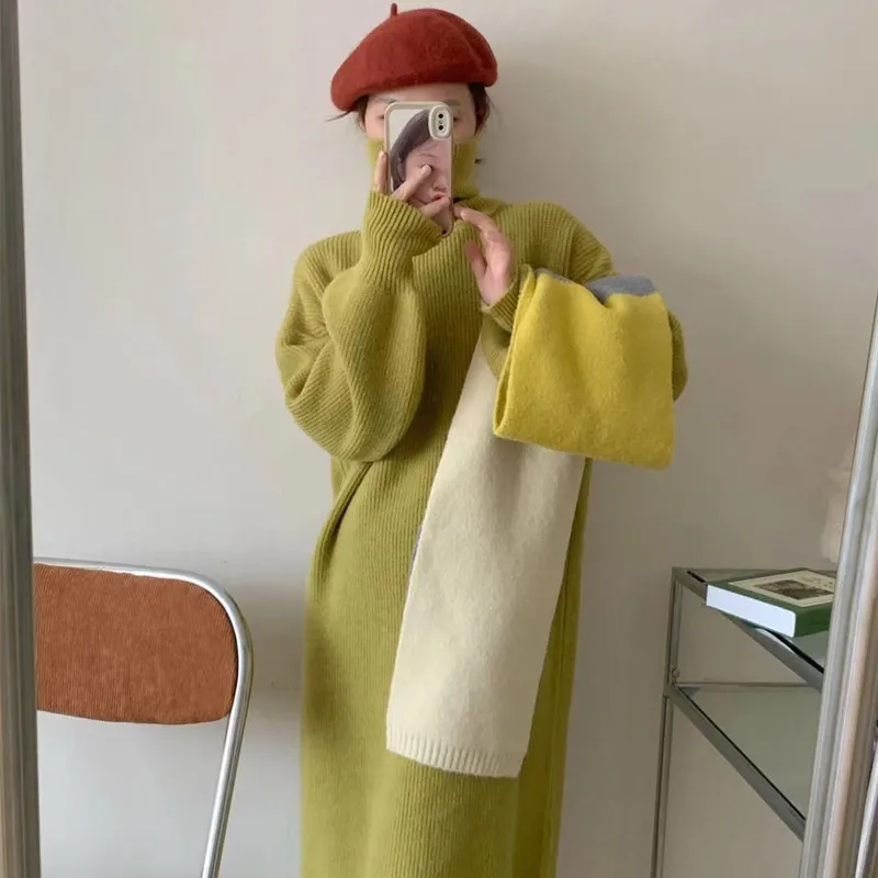 

Autumn Winter New Fashion Women's Solid Color Half High Collar Long Sleeve Loose Casual Trendy Knitted Sweater Dresses Female