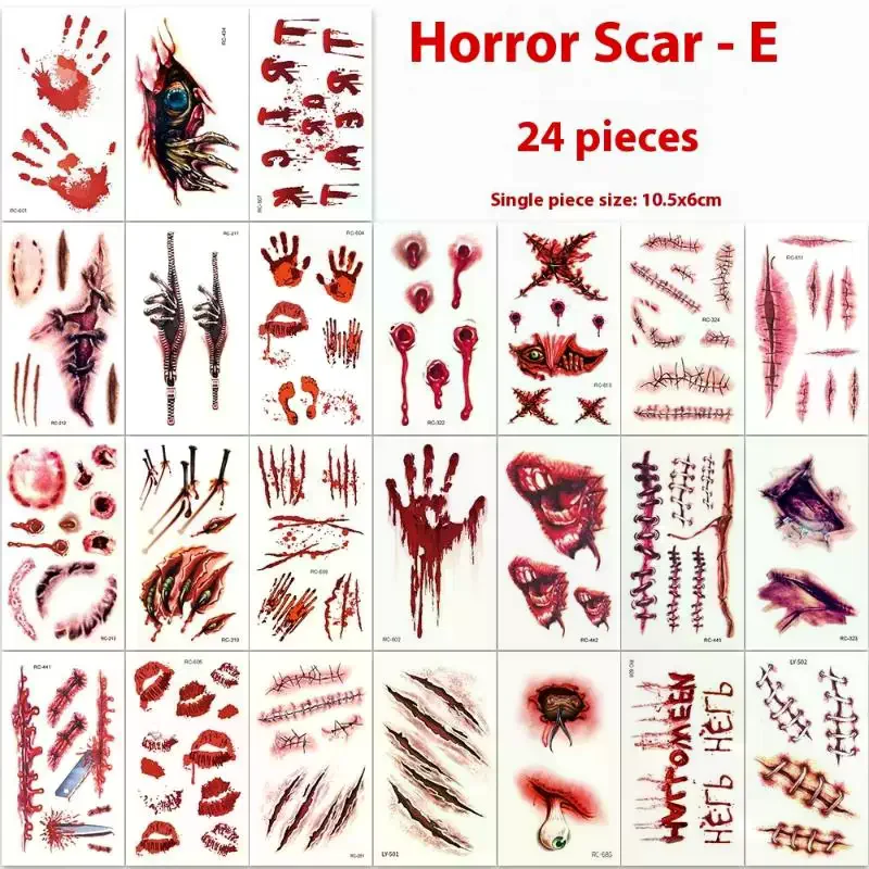 

24 Sheets Halloween 3D Fake Horrible Scar Temporary Tattoos Bloody Wound & Zombie Designs For Face/Body