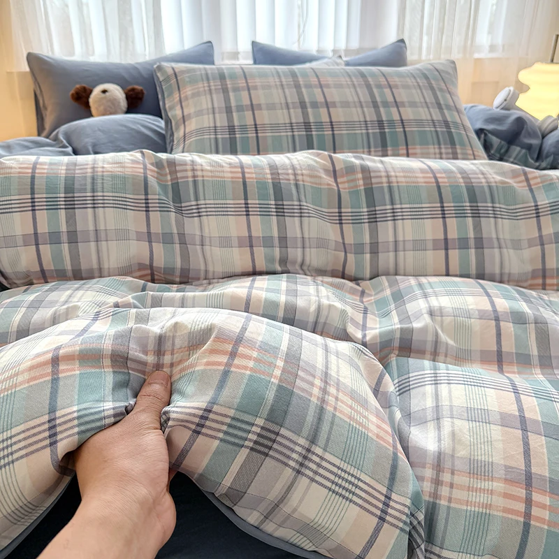 Washed Cotton Bedding Set Checkered Stripe Printed Bed Sheet Sets Single/Queen/King Soft Bed Cover Double Set Bedding 이불세트