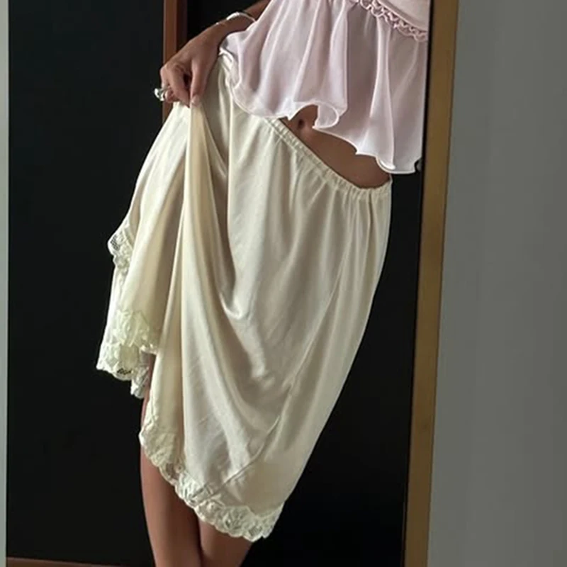 

Fairycore Lace Trim Midi Skirt Elegant Fashion Loose Fit Half Slip Under Dress Women Vintage Satin Silky A-line Skirt Streetwear