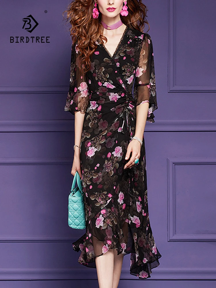 

BirdTree, 100%Real Silk Elegant Dresses, Women V Neck 3/4 Sleeve Flower, French Temperament Fold Dress, 2024 Summer New D45428QC