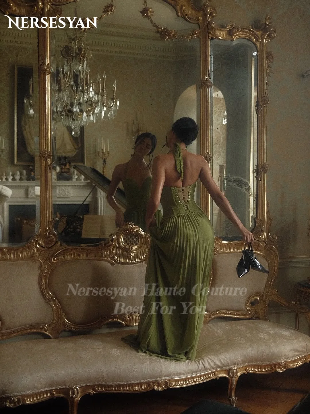 Nersesyan Sage Green Lace Prom Dresses off Shoulder Pleated Formal Evening Dresses Halter Appliques Women Party Gowns Customized