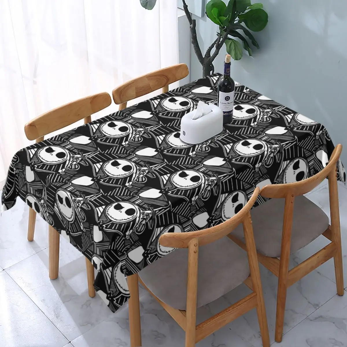 Rectangular Nightmare Before Christmas Table Fitted Skellington Halloween Skull Table Cloth Backed Edge Tablecloth for Picnic