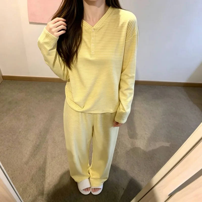 Women Spring Autumn Yellow Striped Pajama Set Korean Style Long Sleeve Button Down Sleepwear Minimalist 2 Piece Home Loungewear