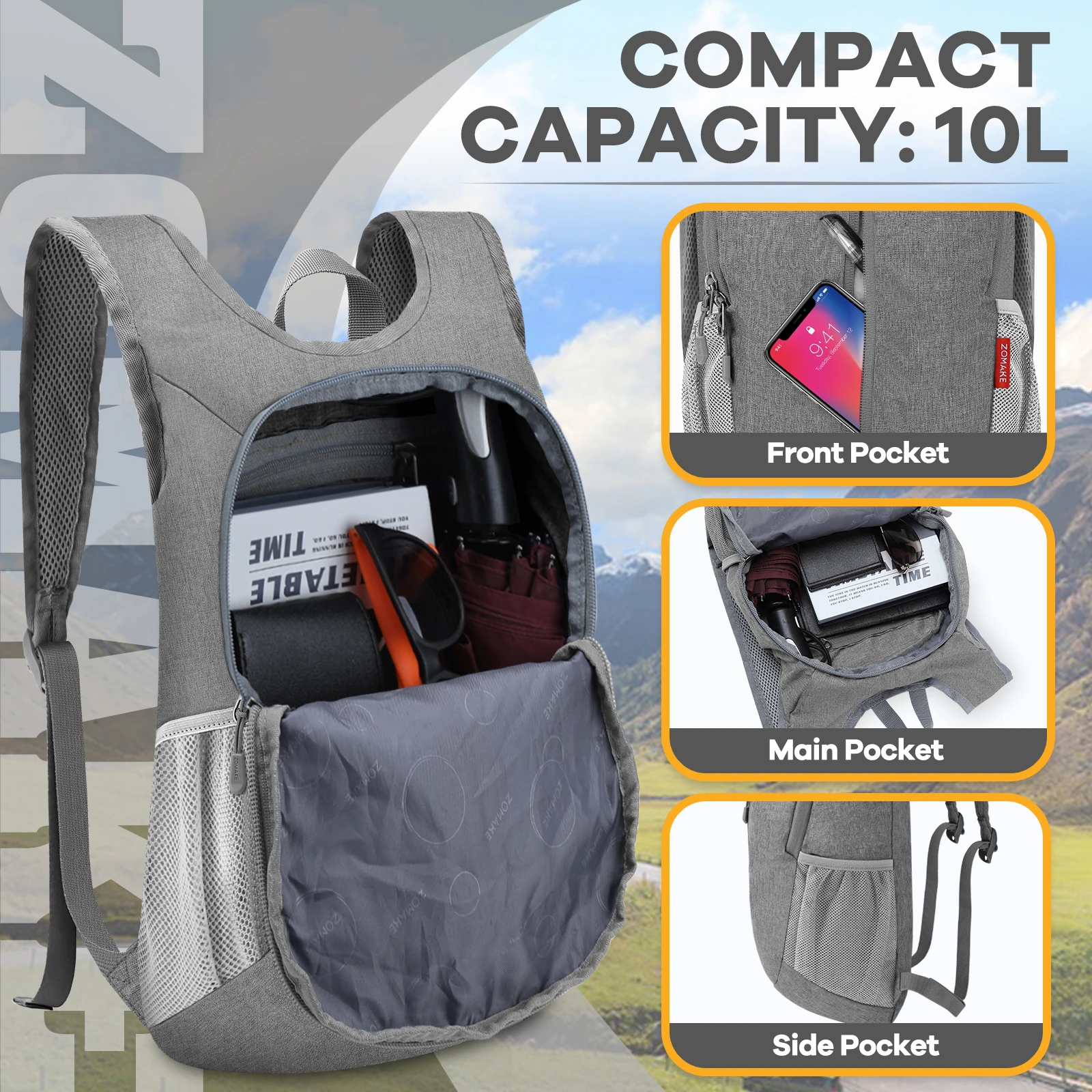 10L Foldable Waterproof Sports Grey Backpack for Outward Travel Neutral Design Outdoor Mountaineering Camping Day Bag