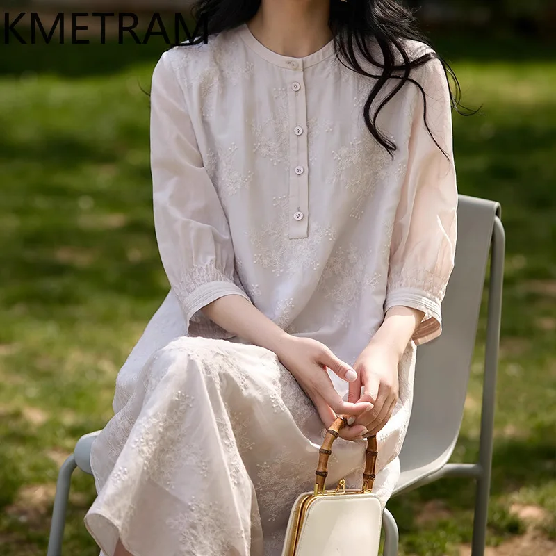 فستان نسائي من KMETRAM مصنوع من الحرير + القطن فساتين فاخرة مطرزة لملابس النساء على شكل حرف a صيف جديد في فساتين 2025 Vestidos Mujer