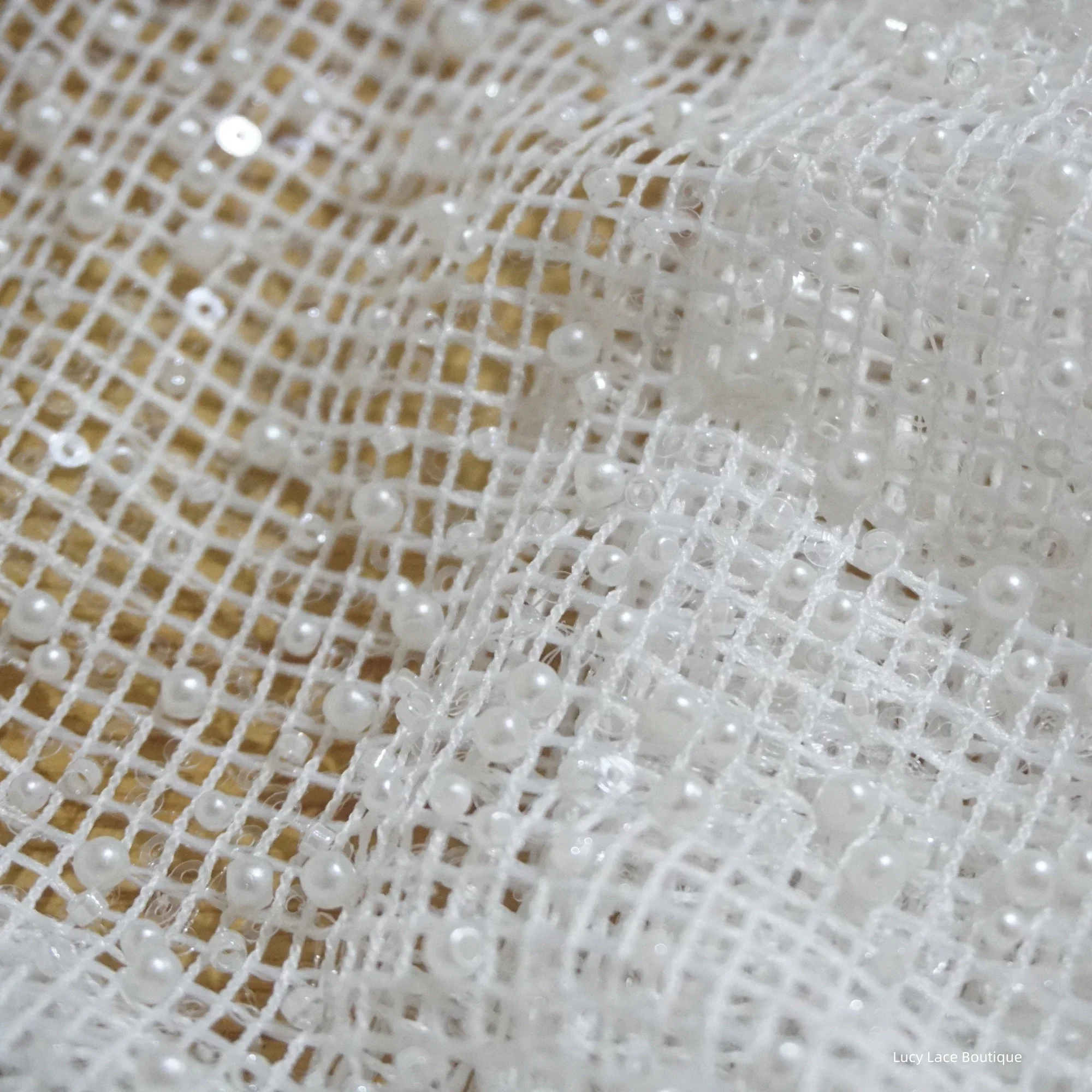

Beaded Heavy Lace Fabric for Wedding Dress High Quality Designer Lace Sewing DIY 130CM Wide Checkered Pearls Beads Sequins Lace