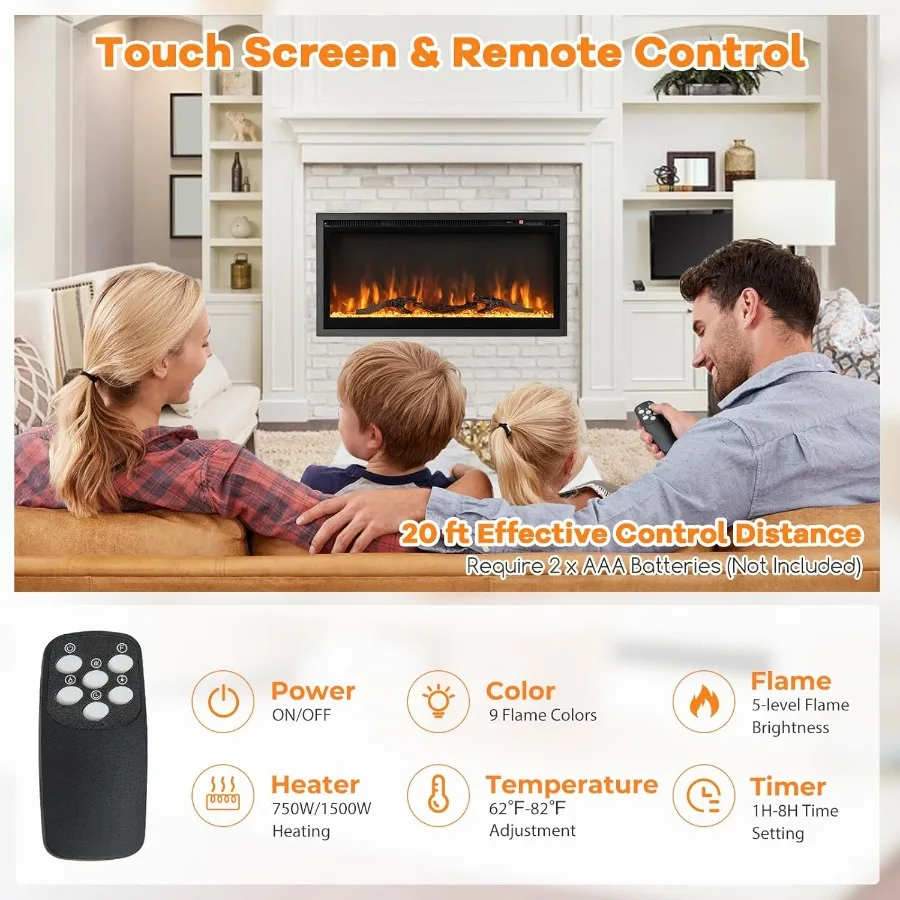 Inserto per camino elettrico Riscaldatore per camino da incasso a parete largo 36 pollici con termostato per un'atmosfera accogliente del soggiorno