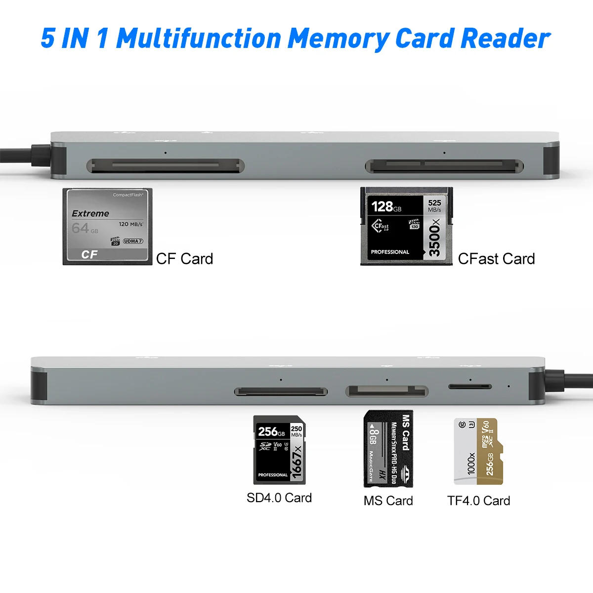 AJIUYU USB 3.0 قارئ بطاقة 5 في 1 نوع c USB C إلى SD TF CF CFast MS محور بطاقة الذاكرة متعددة الوظائف لنظام التشغيل Mac OS ويندوز حساب