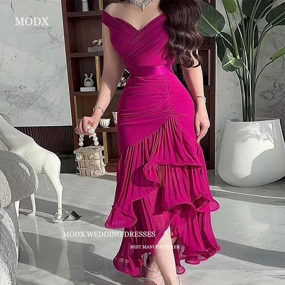 

MODX фуксия шифоновые вечерние платья русалки Дубай арабские женщины с открытыми плечами плиссированные платья для выпускного вечера вечернее платье Vestidos