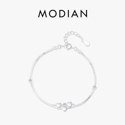 MODIAN 925 Sterling Silver Double Layer Hearts To Heart Bracelet Simple Adjustable Link Chain For Women Jewelry Christmas Gifts
