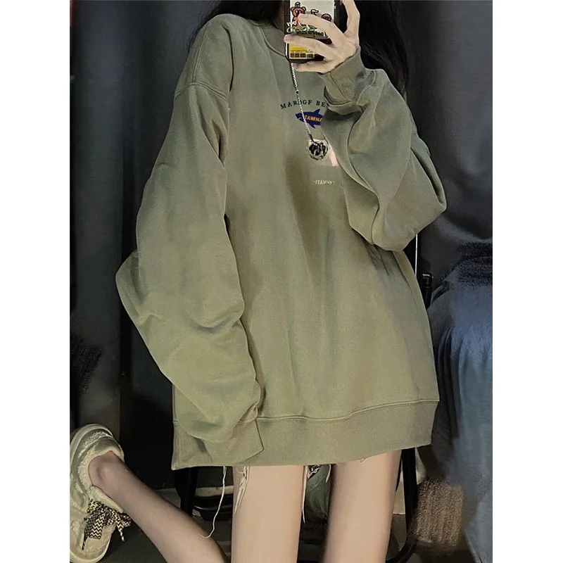 

American Retro Green Hoodie Women's New Fleece Lined Lazy Style Outerwear Top Large Size Trendy Brand Comfortable Fit