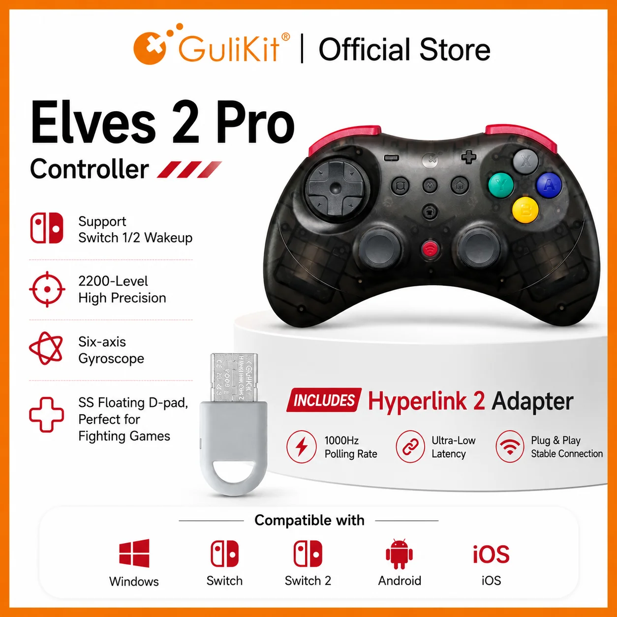 

GuliKit Elves 2 Pro Wireless Gaming Controller for Switch 2 Windows Hall Joysticks with 1000Hz Gamepad for iOS & Android