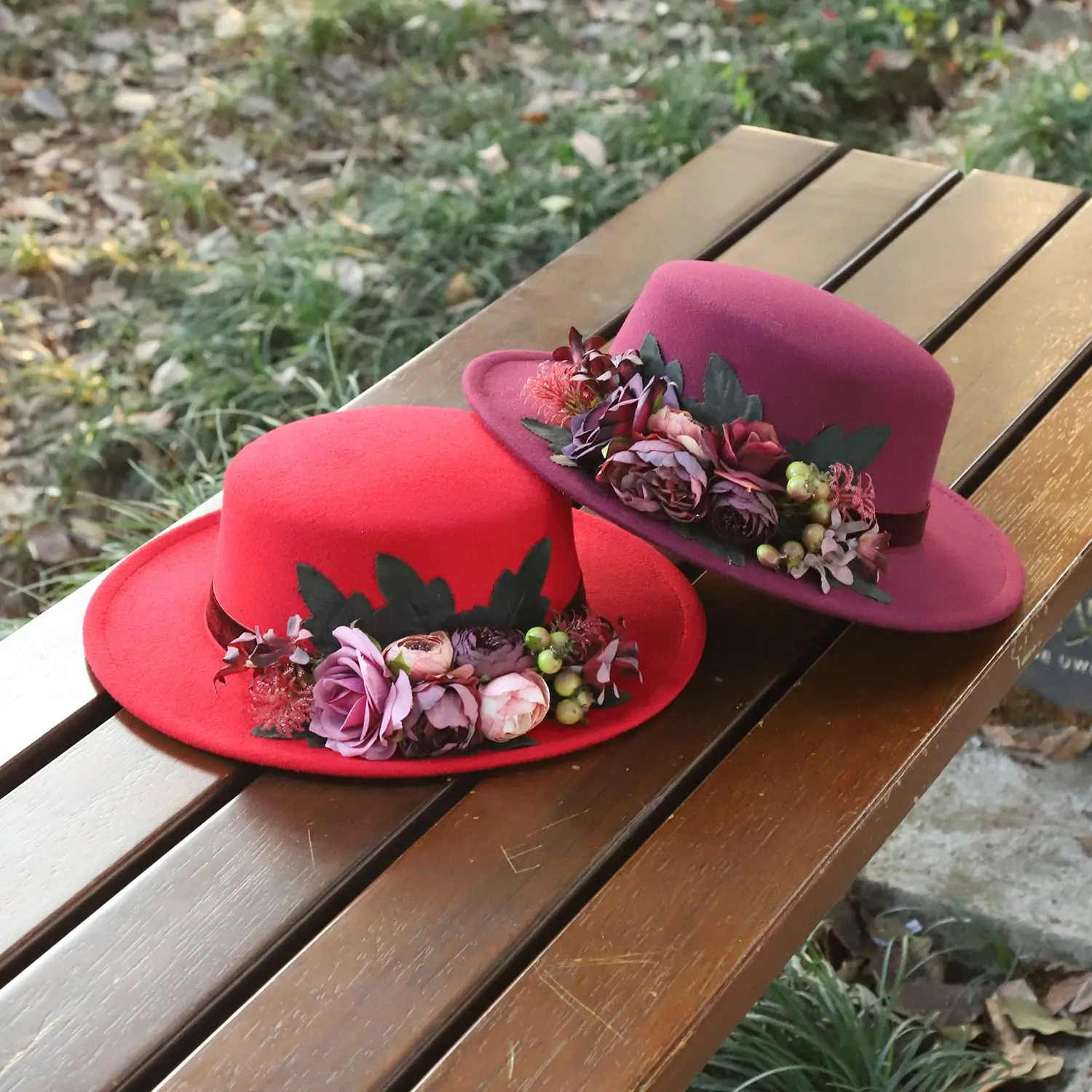 Fedora Hats Women's Fashion Autumn Winter Warm Flat Top Basin Hats High-end Temperament Wear Flowers British Vintage Top Hats