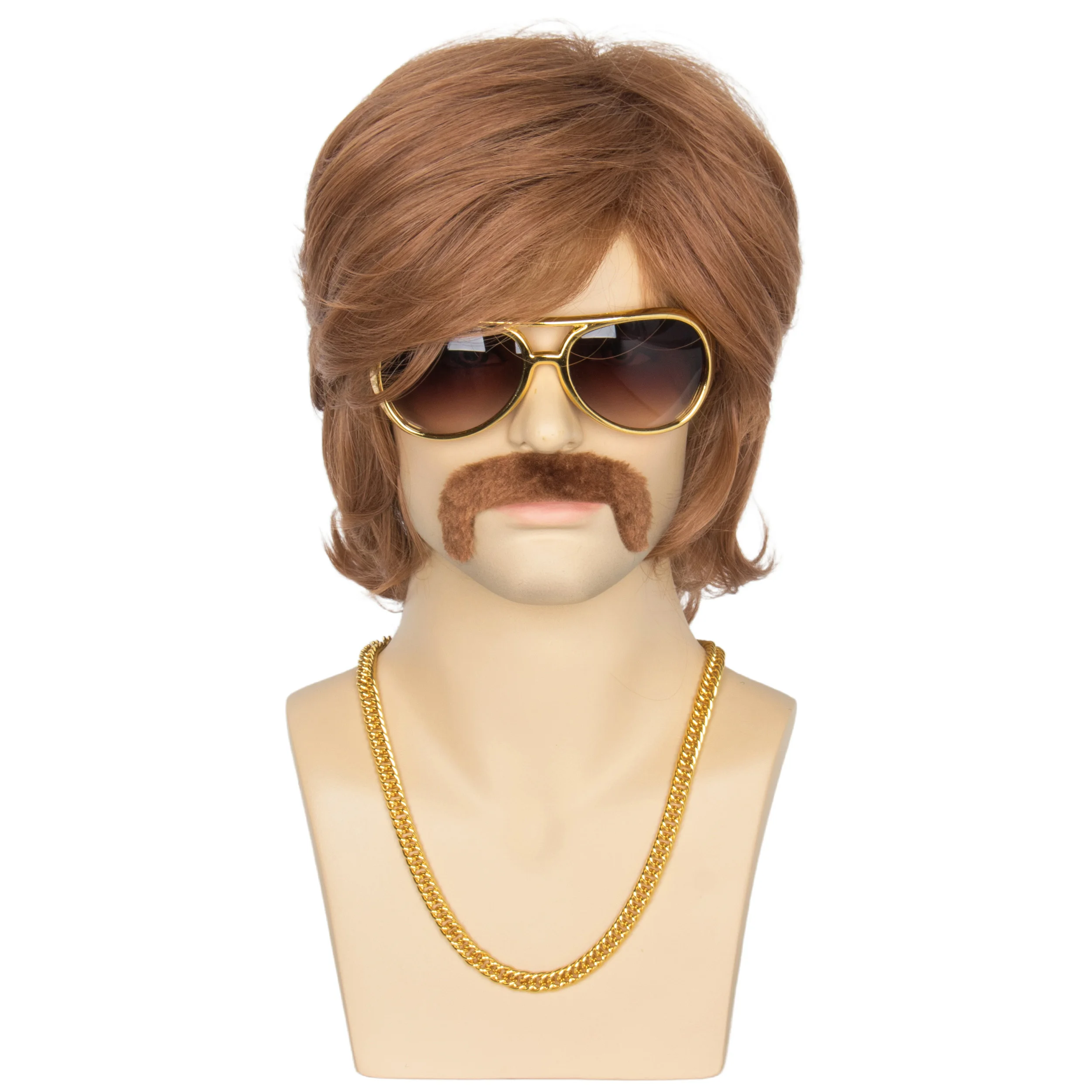 

Miss U Hair Mens Mullet Wig 70's Short Wavy Brown Wigs for Men with Retro Glasses Gold Necklace Mustache