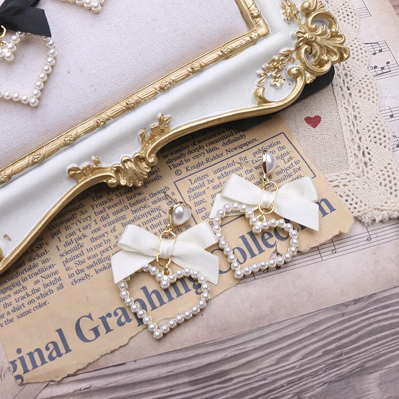 Japanischer Lo Style Lolita Ohrring Perle Herz Loria Schmuck Süße süße Damen Schleife Harajuku Schwarz Y2K Mädchen Geschenk