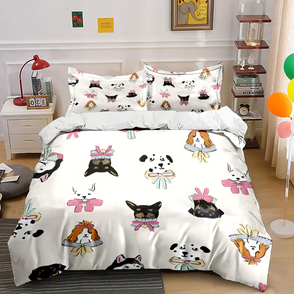 3Pcs Cute Dog Bedding Set, Adorable Puppies with Pink Bows Print Duvet Cover + 2 Pillowcases, home Girly Pet Decor