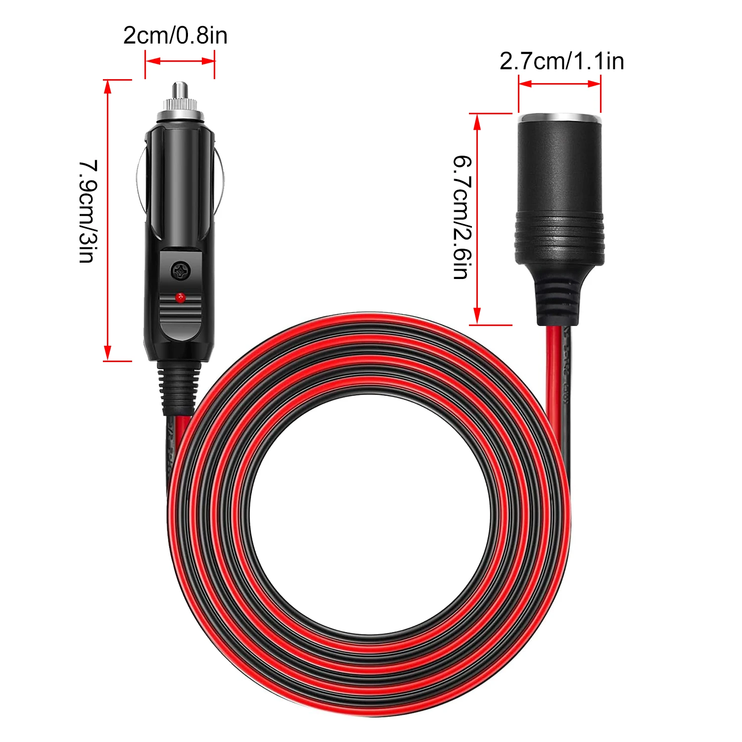 Automobile Car Cigarette Lighter Extension Cord 16AWG Male to Female with LED Light 15A Fuse, 2M for Car Charger Pump