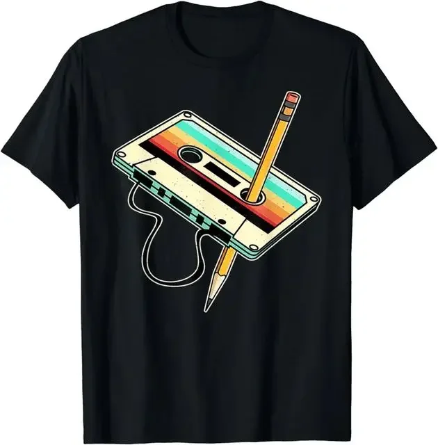 Men Clothing Vintage T Shirt Camisetas 77899 80s Cassette Tape Pencil 1980s Retro Vintage Throwback Music T-Shirt   COTTON