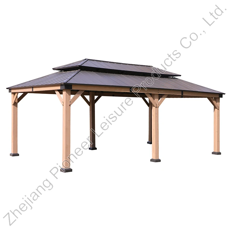 Cedar Wood Galvanized Steel Frame Awning Hardtop Gazebo With Netting for Patio
