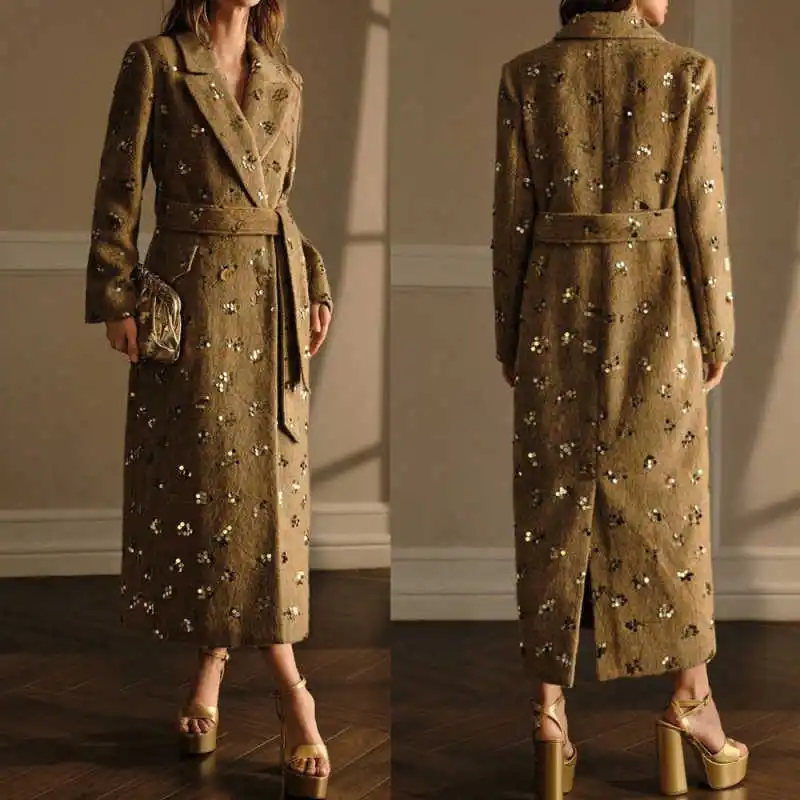 

Luxury Woman Overcoat 1 Piece Wool Blend Blazer Notched Lapel Glitter Outdoor Occasion Warmth Coat Customized