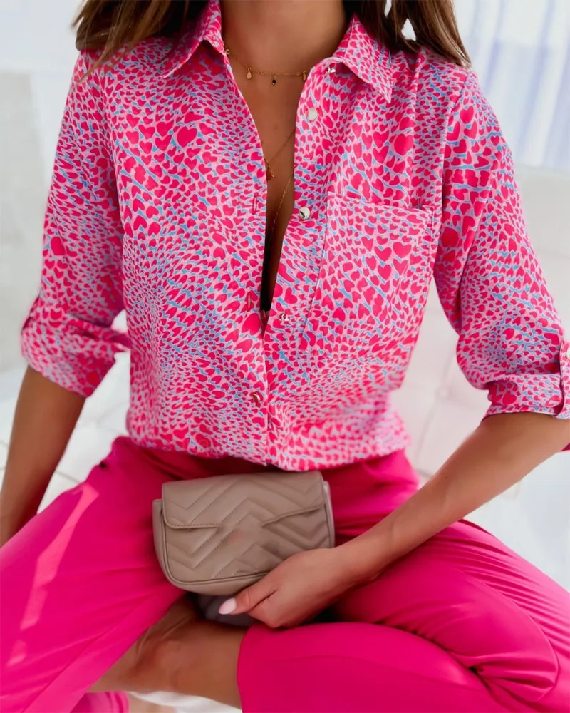 

Women's Office 2024 Autumn New Women's Top Shirts Long Sleeve Shirt Printed Fashion Casual Flower Polo Shirt Women Blouse Spring