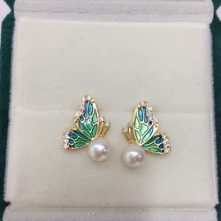 ZHBORUINI High Color Retention Natural Freshwater Pearl Earrings Enamel Butterfly Pearl Earrings S925 Silver Ear Needles Jewelry