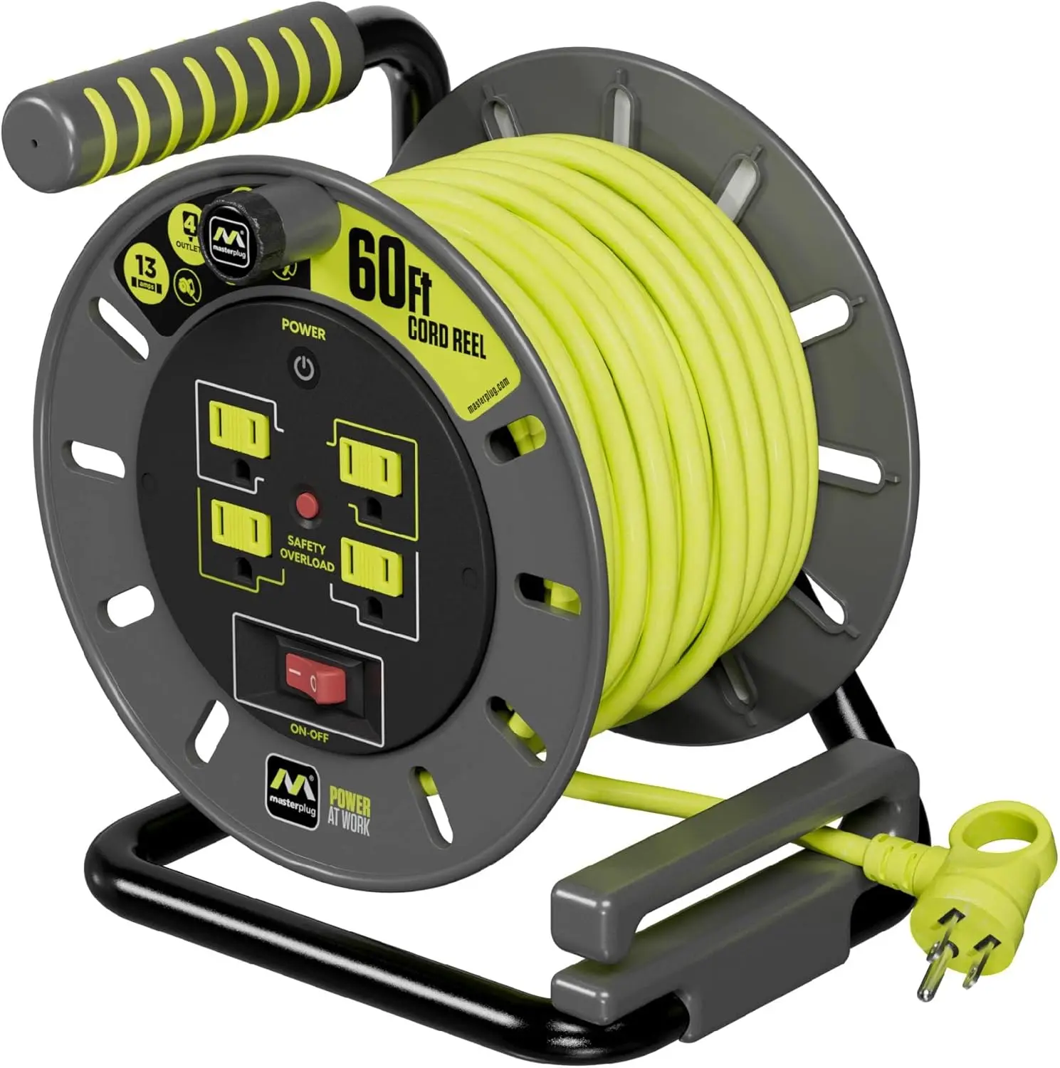 60ft Cord Reel, Retractable Extension Lead with Winding Handle, Safety Overload Circuit Breaker and Power Switch, 4X Grounded