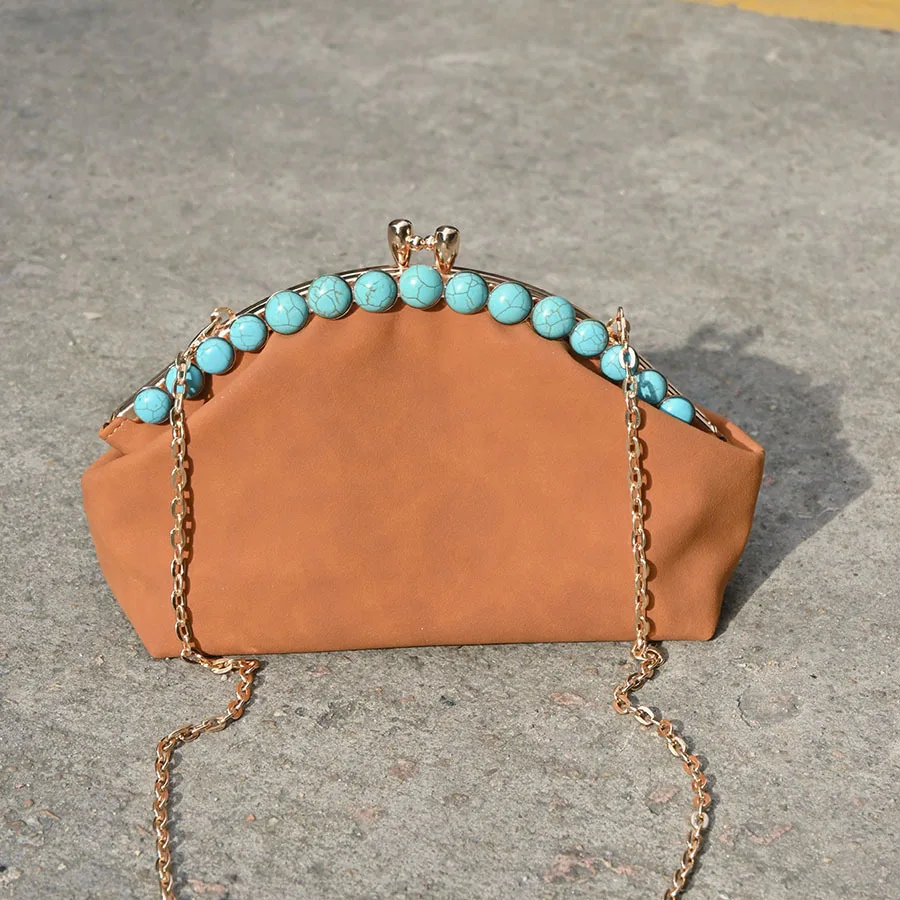 Vintage Brown Toned Mouth Gold Opening Small Women's Bag Turquoise Beads Ethnic Hand-held Crossbody Bag Chain Dinner Bag