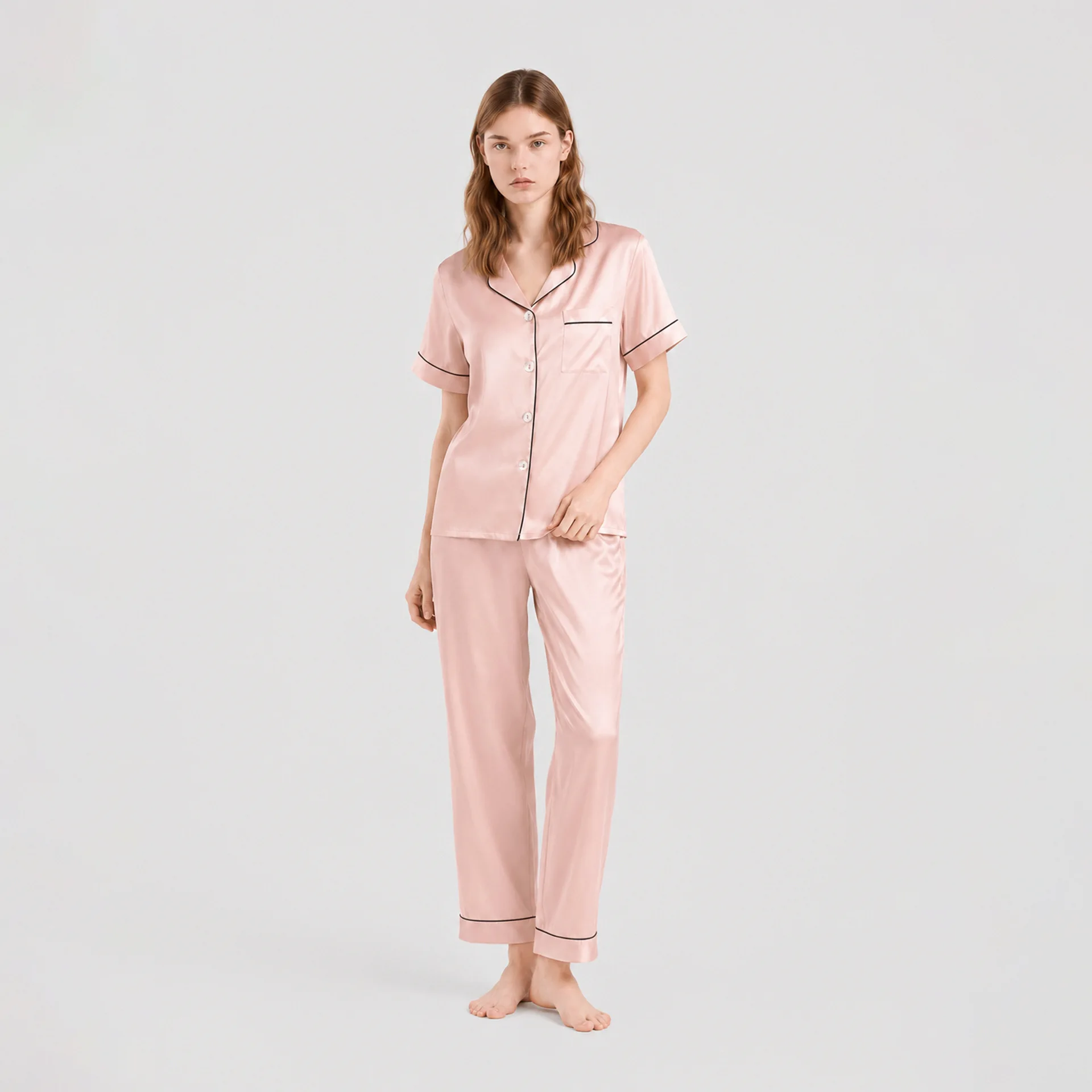 Women's Silk Sleepwear Set Summer Short Sleeve Long Pants Pajamas Solid Color Elegant Loungewear Casual Home Clothes Suit