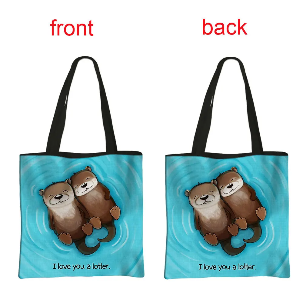 Kawaii Sea Otters Print Women Shoulder Bags Ladies Leisure Totes Bag Cute Girls Handbags Reusable Canvas Shopping Bag Gift