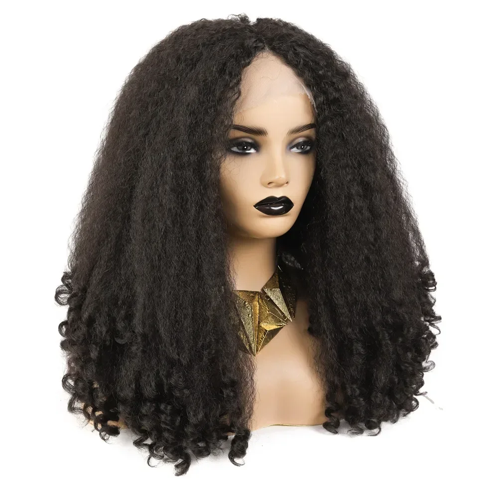 Perruque Synthétique Avant de Lacet Partie Moyenne Afro Kinky Curly Long Fluffy Cheveux Perruques Brun Foncé 20 Pouces Chaleur Respectueux De La X-TRESS De Coiffure