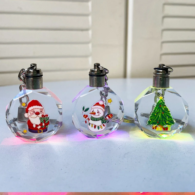 10pcs Xmas Christmas Crystal Craft Keychain Pendant Mini LED Light Little Button Battery Kit for New Year Gift