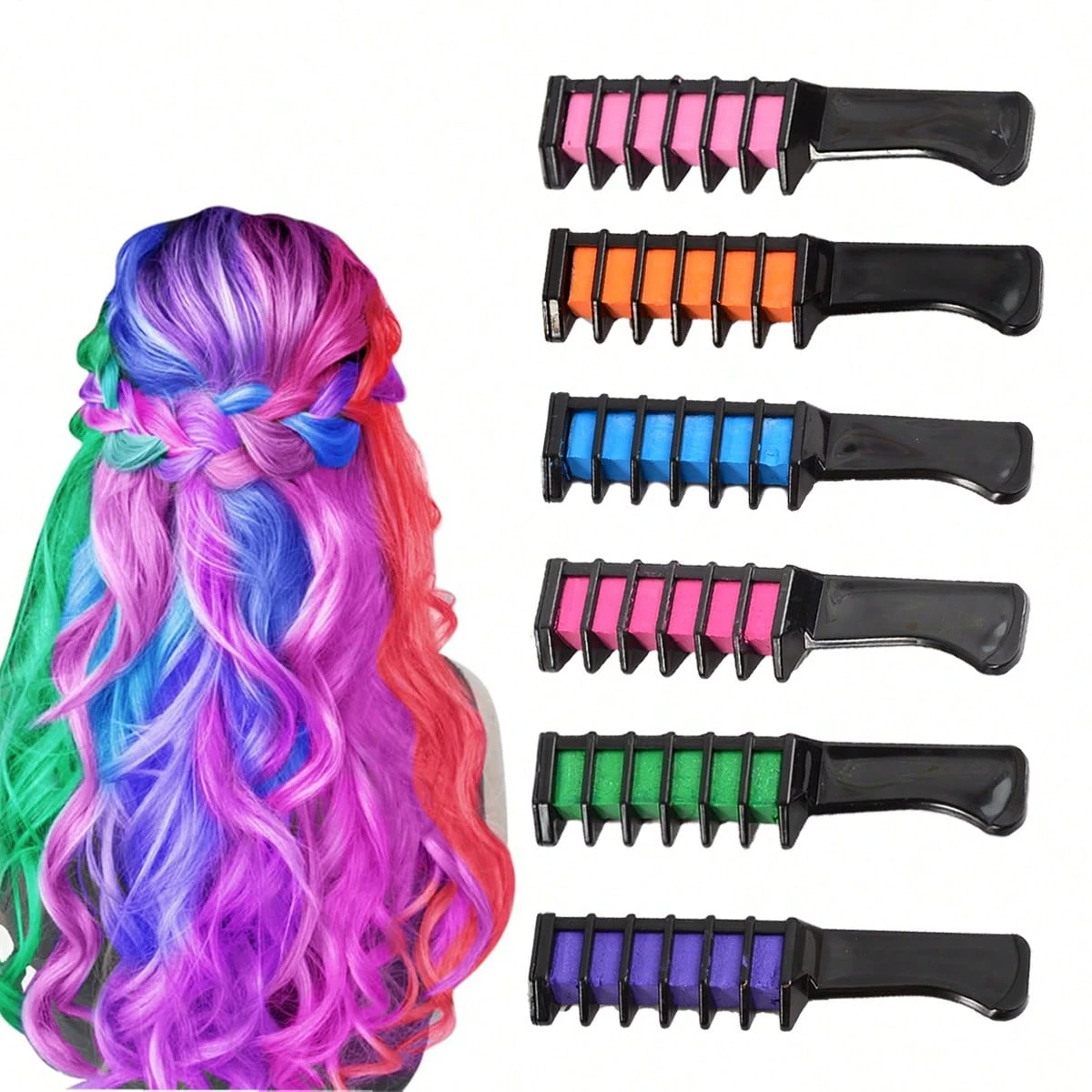 6-Piece Temporary Hair Dye Set, New Chalk Comb Temporary Washable Hair Dye, Suitable for Girls' Birthday Role-Playing DIY