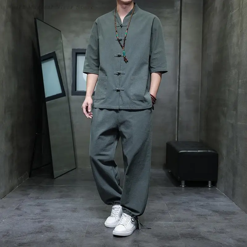 

New Chinese Style Short Sleeve Men's Shirt Top Casual Hanfu Suit Spring and Summer 2PCS Tang Costume Casual Vintage Outfits