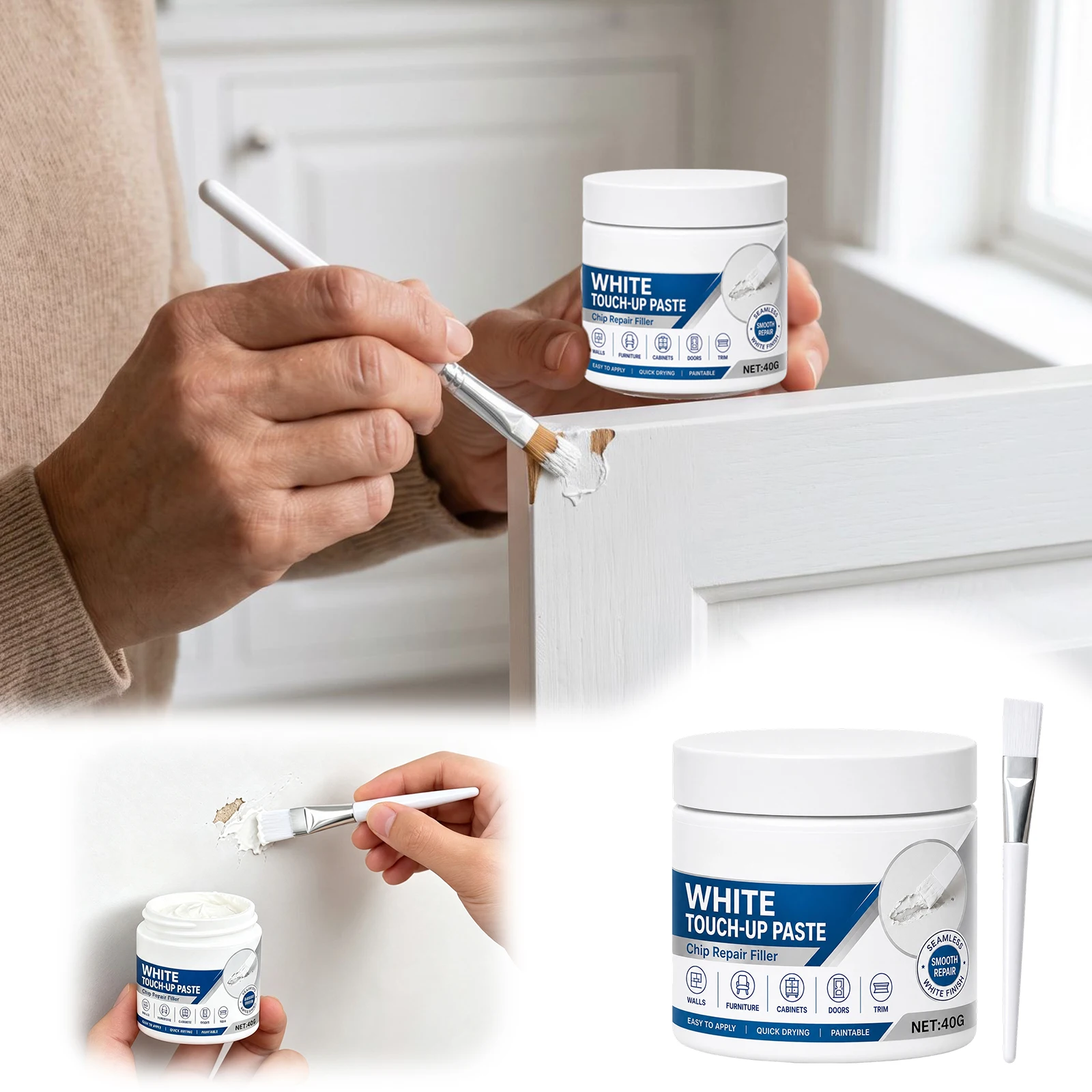 White Furniture Touch-Up Paste with Brush Furniture for Scratches Cabinet Doors and Baseboards