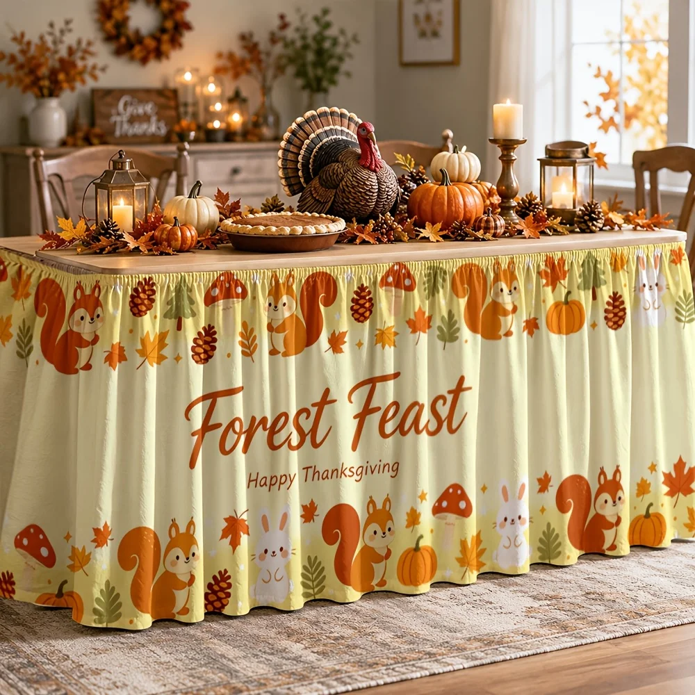 One table skirt. Forest Feast print table skirt. Autumn woodland squirrels, pumpkins, mushrooms, acorns, rabbits.