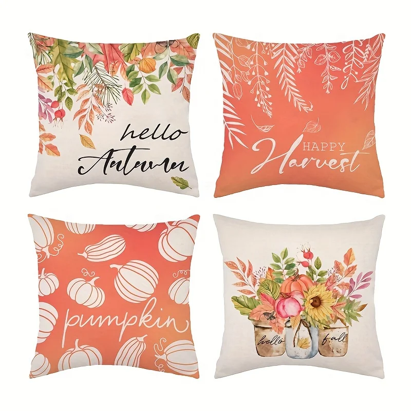 Contemporary Throw Pillow Covers Set of 4, Autumn Pink Pumpkin and Floral Leaf Vase Design, 18x18 Inch, Zippered Polyester