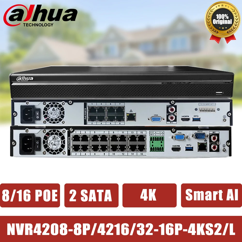 Сетевой видеорегистратор Dahua 8/16/32 CH POE, NVR4208-8P-4KS2/L NVR4216-16P-4KS2/L 1U 2HDDs RSTP ONVIF CCTV