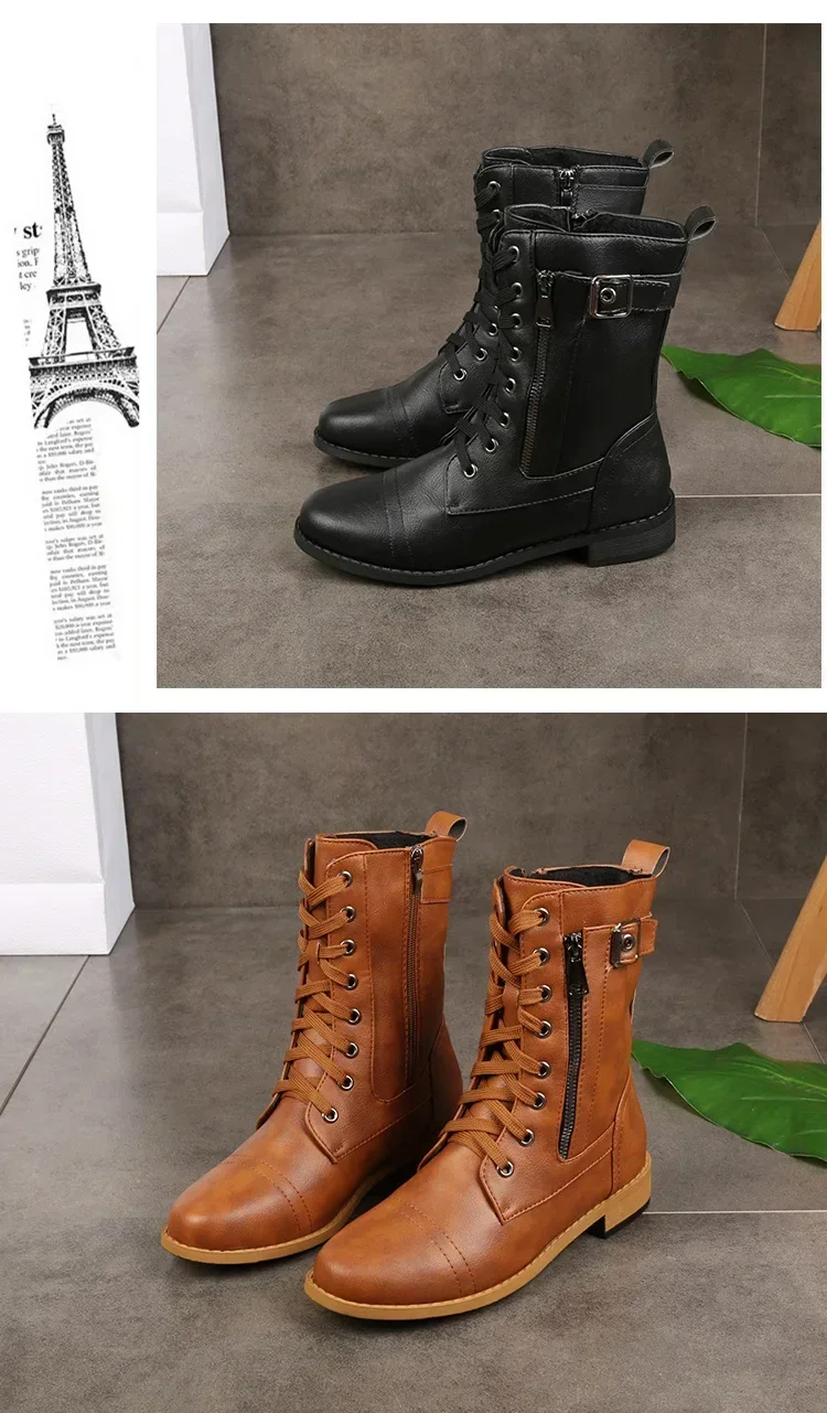 Outono inverno botas de couro de fundo plano fivela de cinto salto baixo zíper lateral botas curtas botas femininas 43