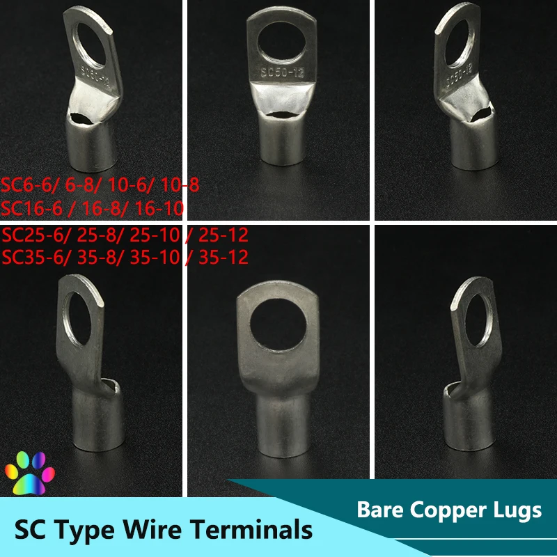 SC Type Wire Nose Terminal SC6 SC10 SC16 SC25 Bare Copper Battery Block Lugs Hole ID 6 8 10 12mm Crimp Lug Wire Connector