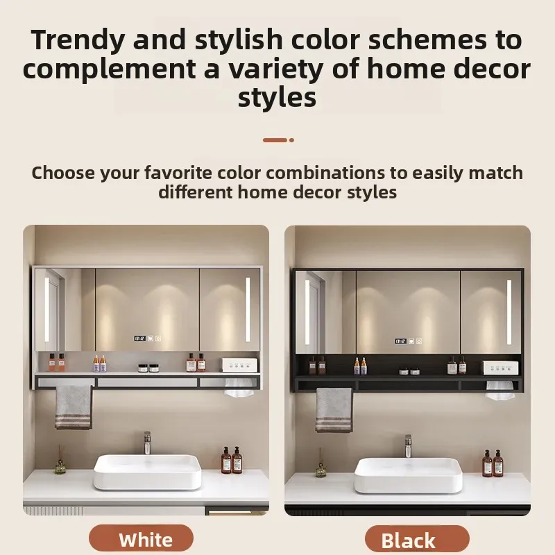 خزانة مرآة الحمام مع رف تخزين، وإضاءة LED، وسبائك الألومنيوم، وخزانة أدوية مقاومة للماء مثبتة على الحائط مع قضيب منشفة #3