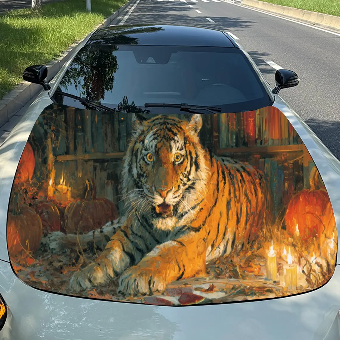 Majestic Relaxed Tiger Car Hood Stickers - Self-Adhesive, Waterproof and Durable Vinyl Wrap, Decorate And Protect Your Car, Fit