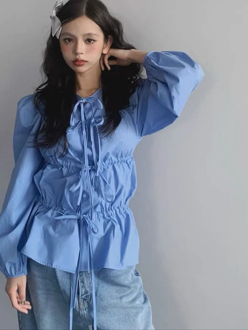 Elegant Long Sleeve Shirt Women's Early Spring New Style Pleated Belted  Knot Slimming Versatile Top Korean Style